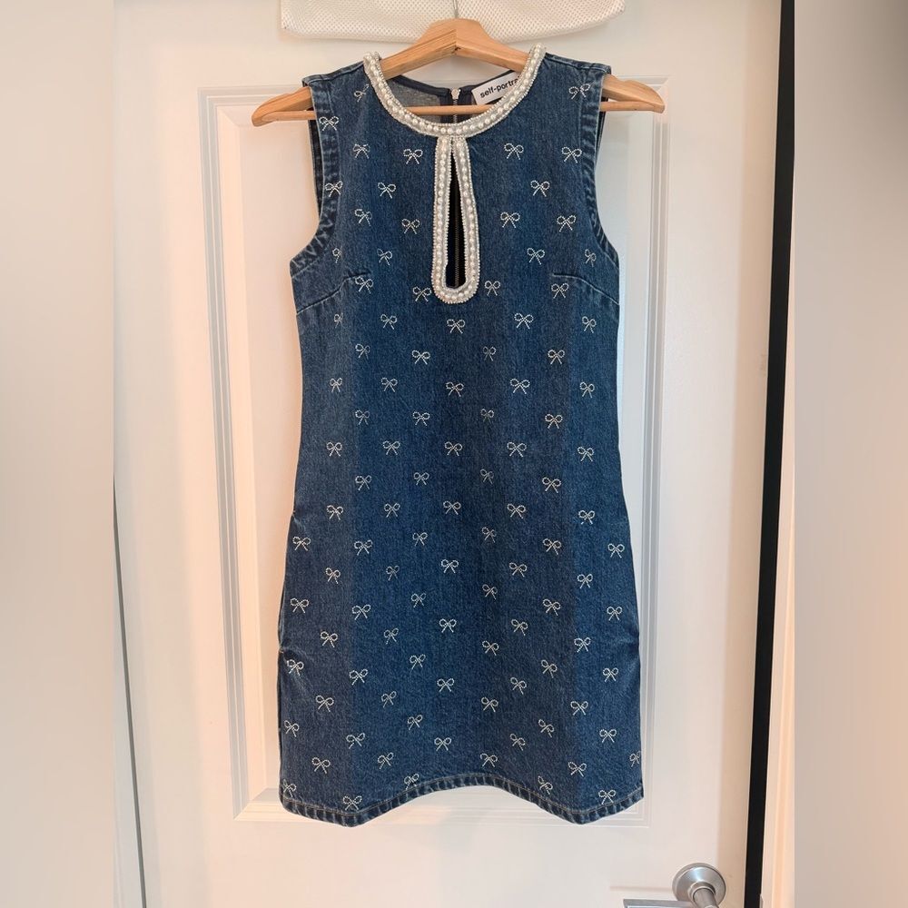 NWOT Self-Portrait DENIM DIAMANTE BOW MINI DRESS - Picture 6 of 16